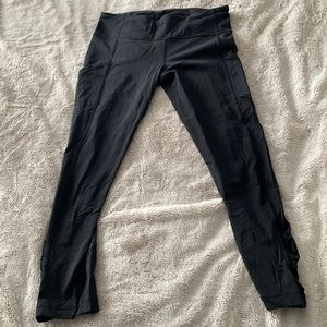 Lululemon black capri leggings with ruche detail